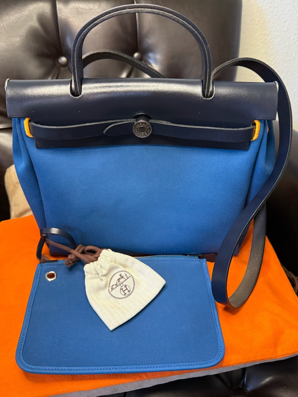 AUTH PRE-LOVED HERMES CANVAS/LEATHER HERBAG 31 TWO-WAY ZIP BAG-Palladium Hrd